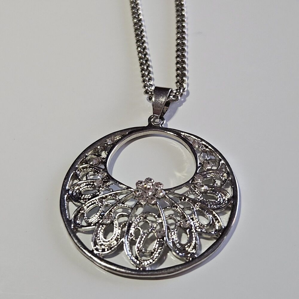Silver Tone Round Filigree Pendant Necklace With Clear Rhinestones 18-21"